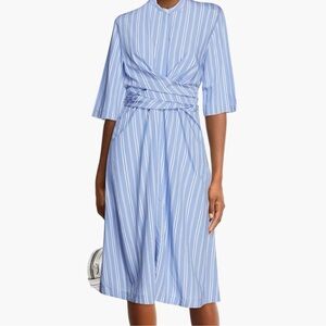 Samsoe Samsoe Sylvia Blue Striped Tie Waist Midi Shirt Dress Size Large